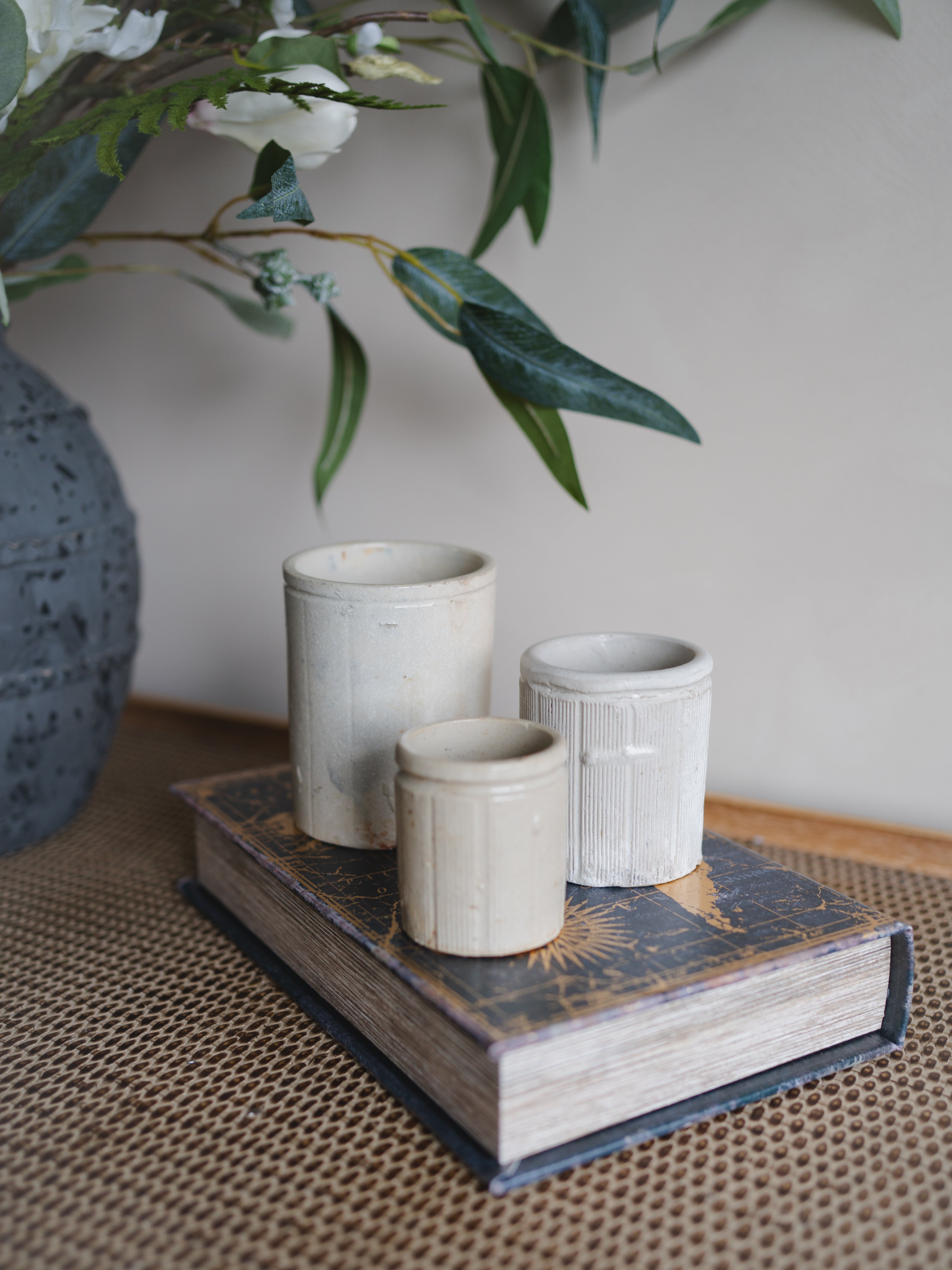 Vintage Cream Striped Stoneware Jars | Set of 3