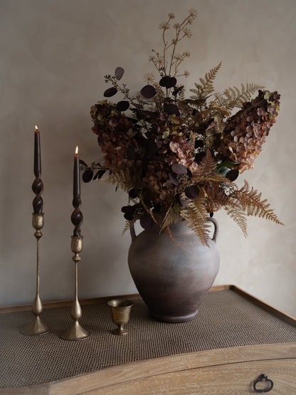 Faux Burgundy Hydrangea, Bracken &amp; Aubergine Eucalyptus Floral Arrangement