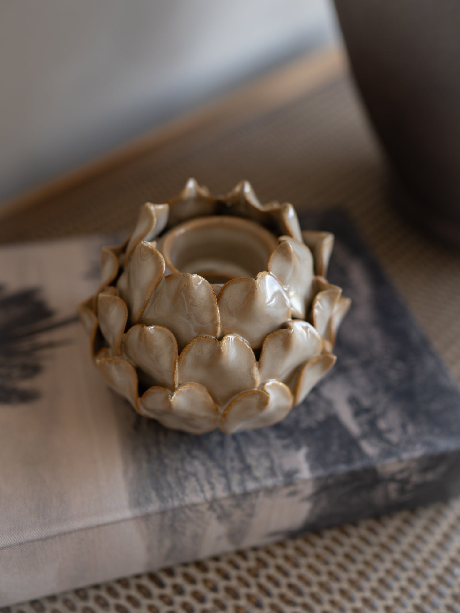 Beige Lotus Ceramic Candle Holder
