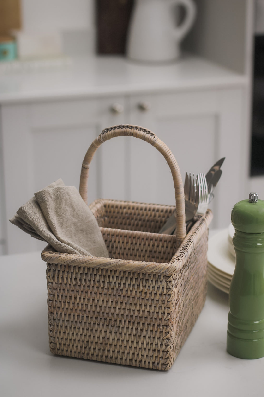 White Washed Rattan Flatware Caddy