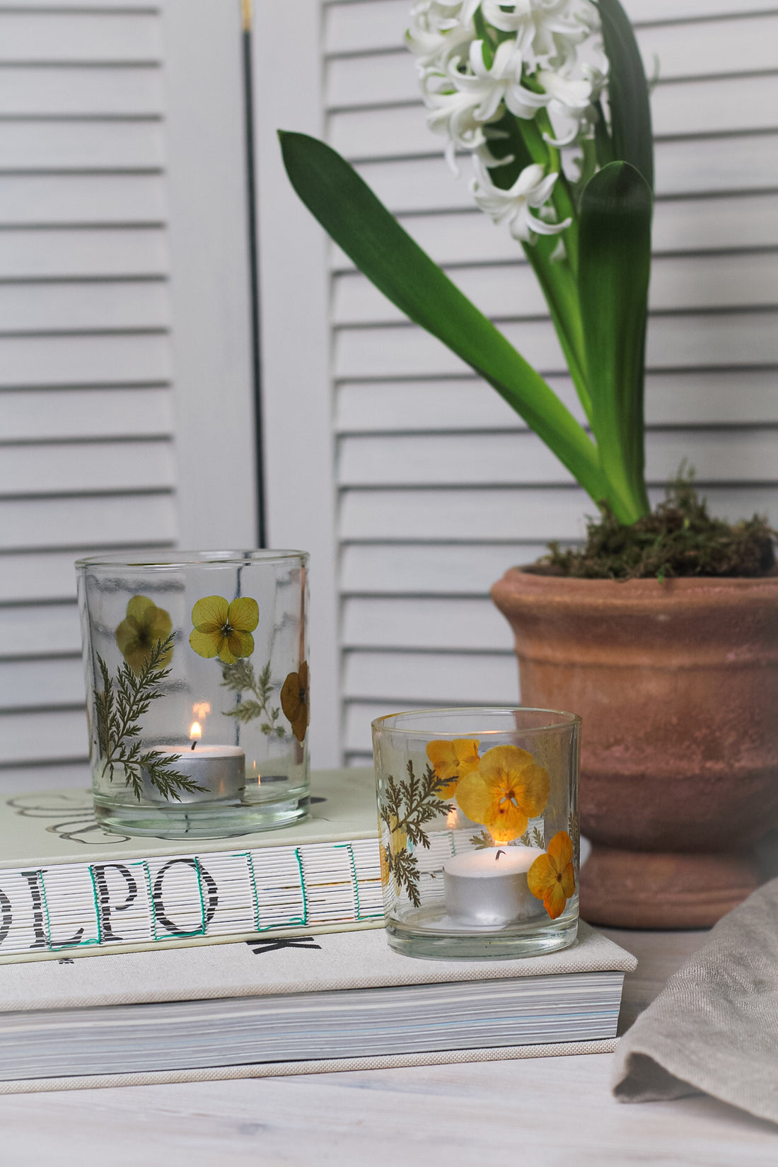 Yellow Floral Glass Tea Light Holder