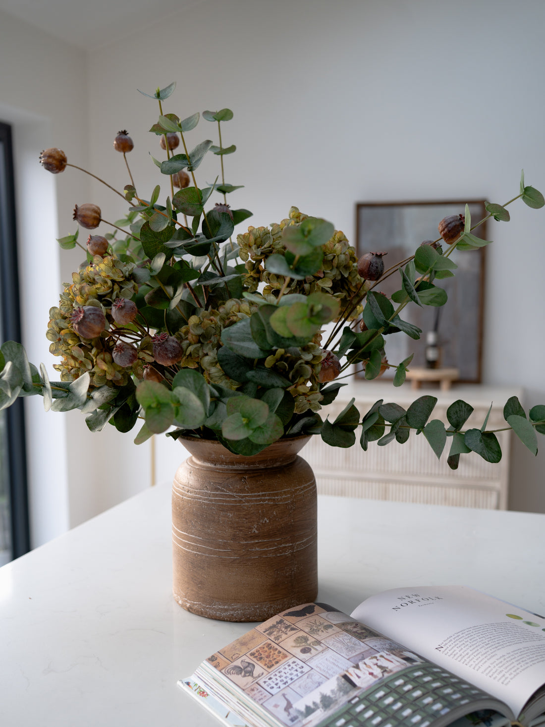 Faux Earth Green Hydrangea, Brown Poppy Head and Eucalyptus Floral Arrangement