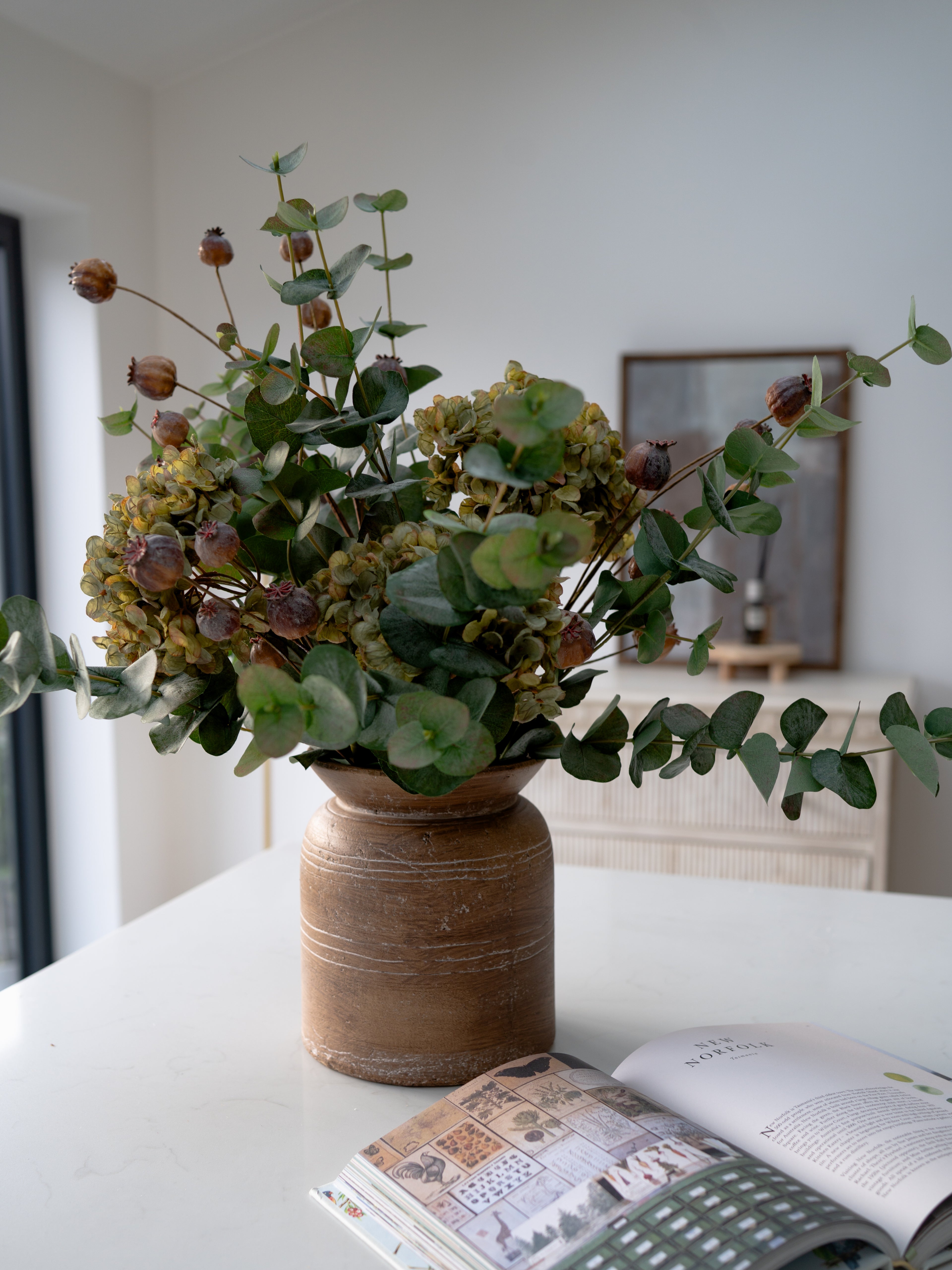 Faux Earth Green Hydrangea, Brown Poppy Head and Eucalyptus Floral Arrangement