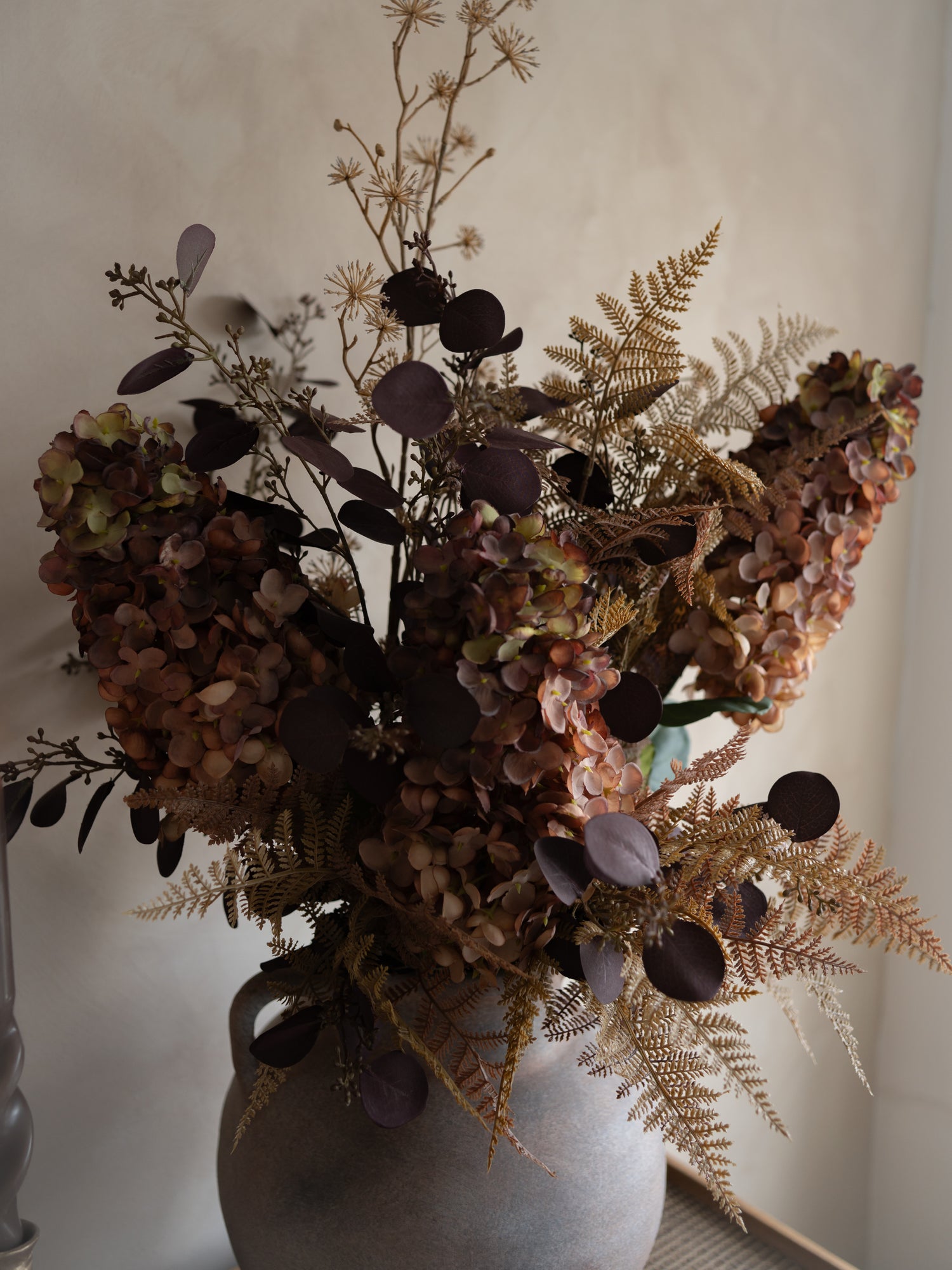 Faux Burgundy Hydrangea, Bracken &amp; Aubergine Eucalyptus Floral Arrangement