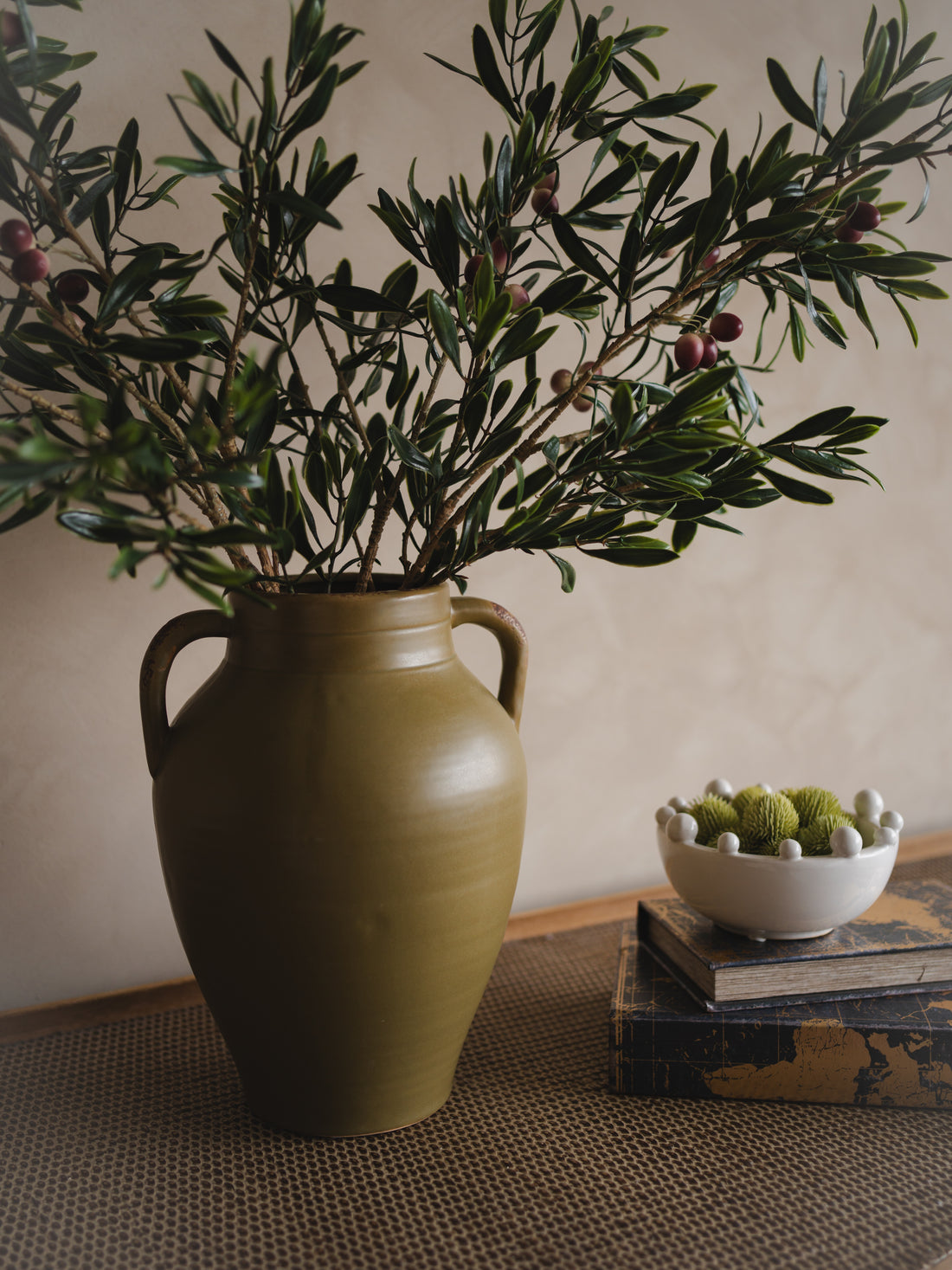 Olive Green Tall Vase with Dual Handles