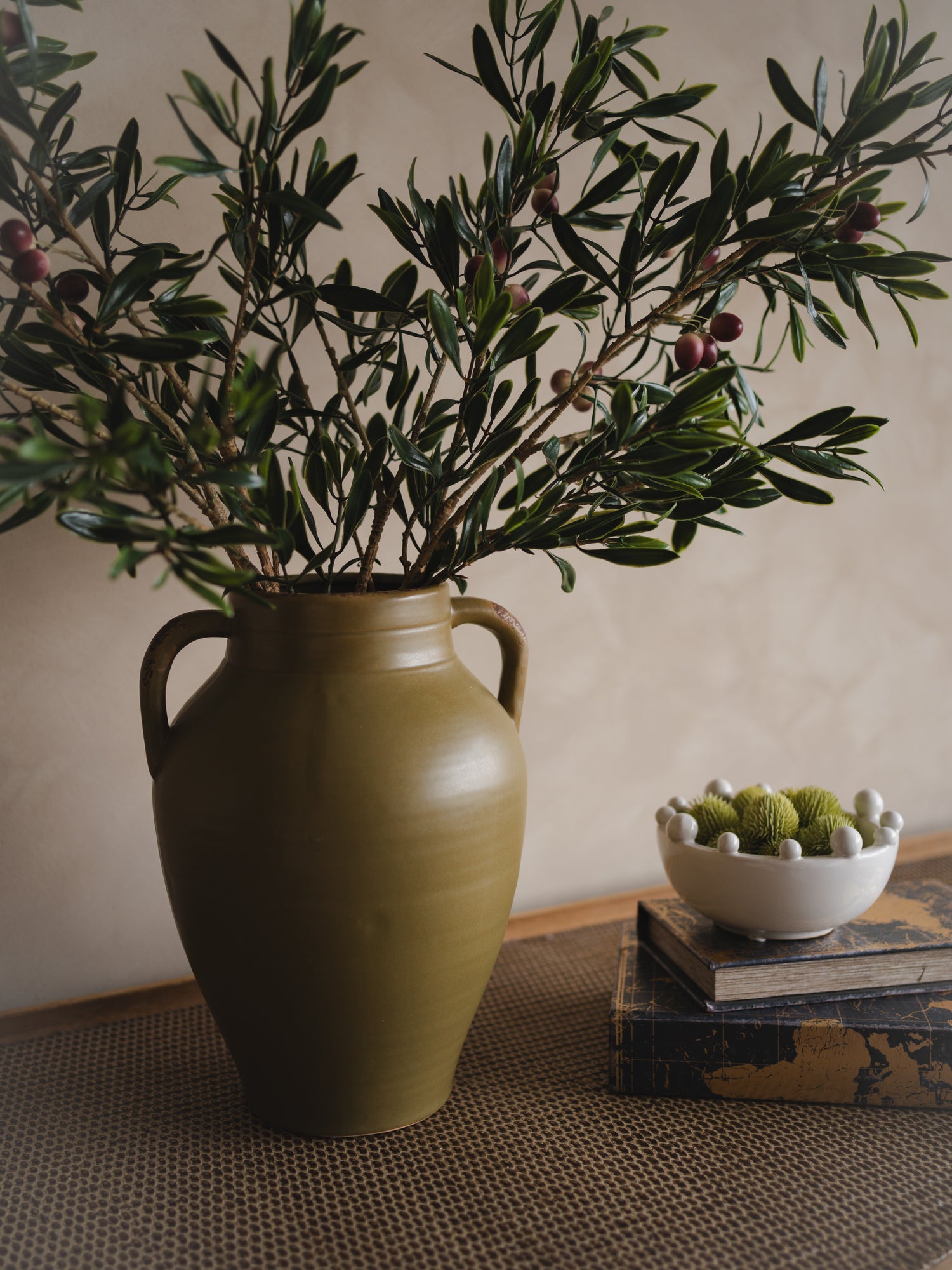Olive Green Tall Vase with Dual Handles