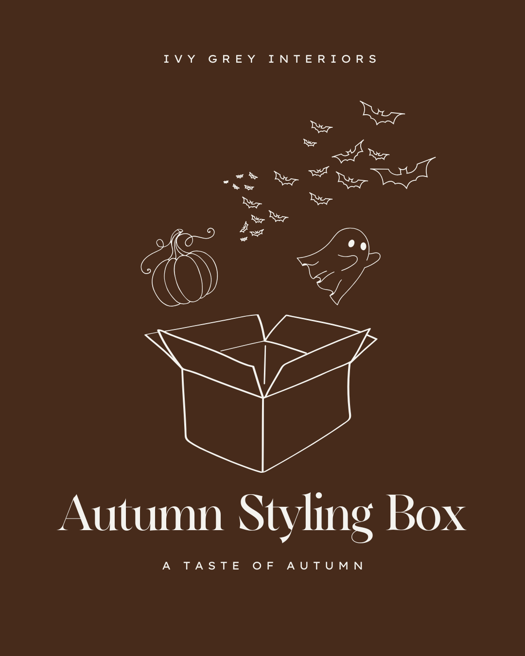 Autumn-themed product packaging with a box, pumpkin, ghost, and bats on a brown background.