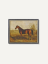 A framed vintage-style painting depicting a brown horse standing in an outdoor landscape, mounted on a light off-white wall.