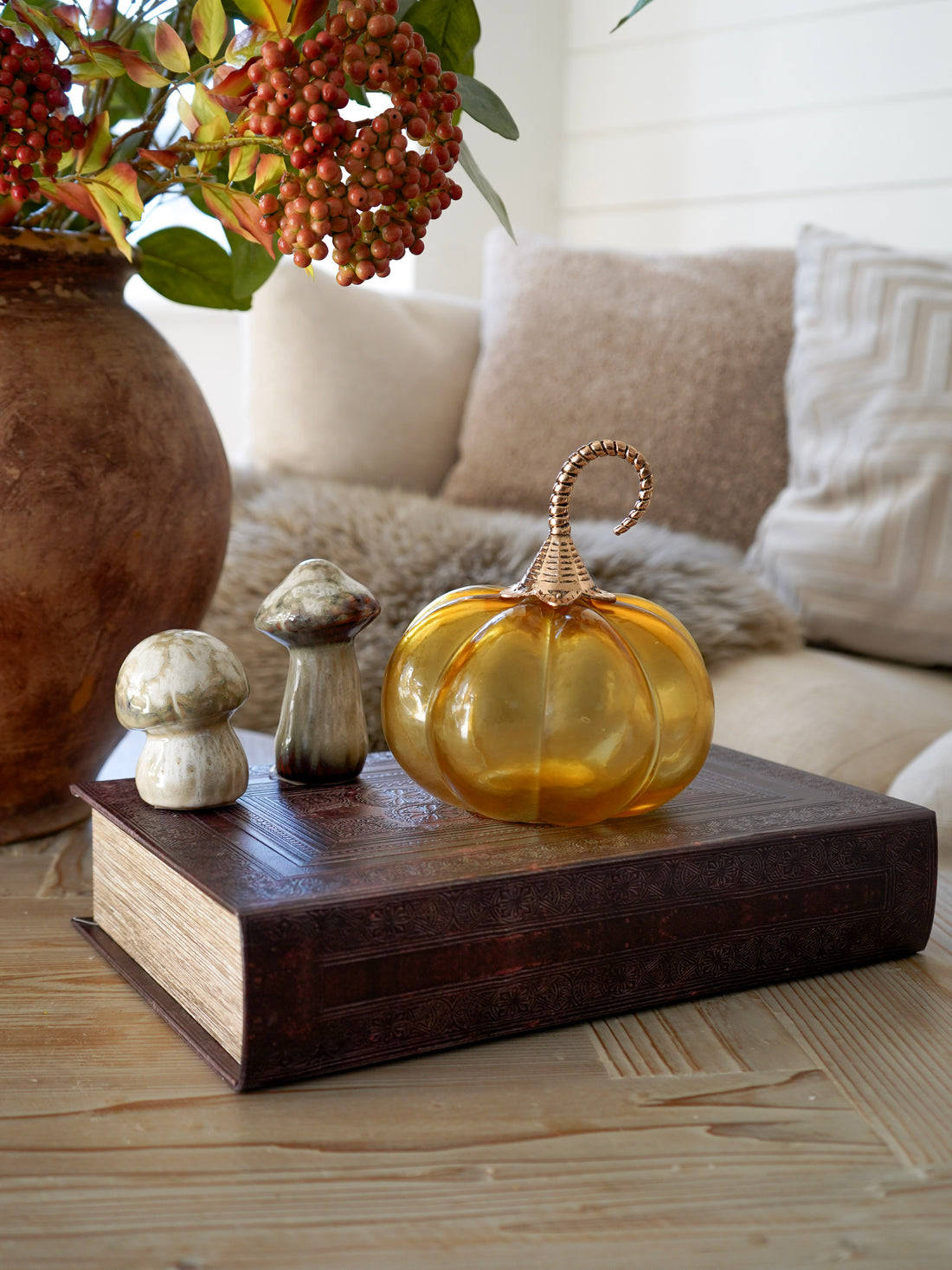 Amber Glass Pumpkin with Gold Stalk