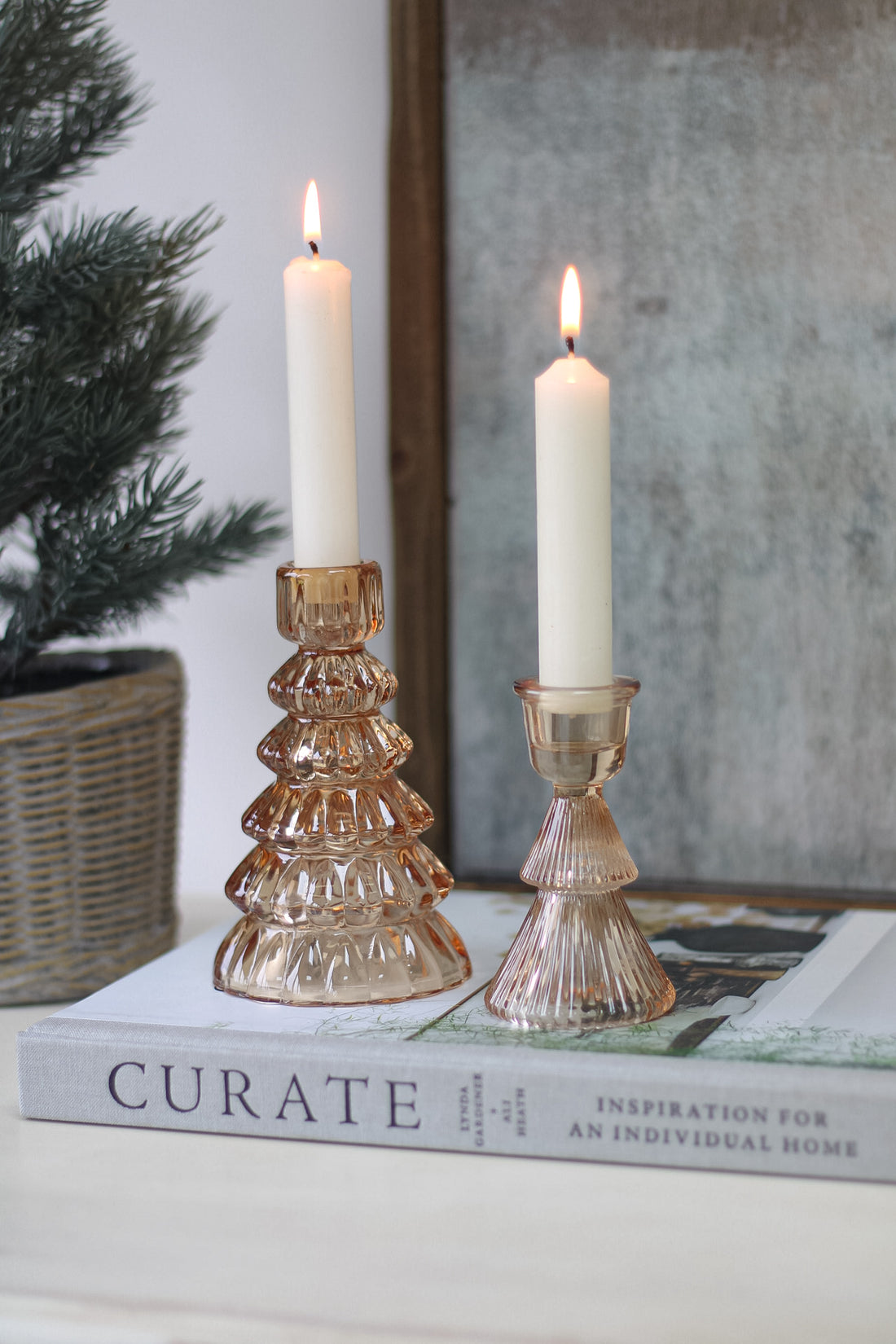 Antique Amber Glass Ribbed Christmas Tree Candle Sticks