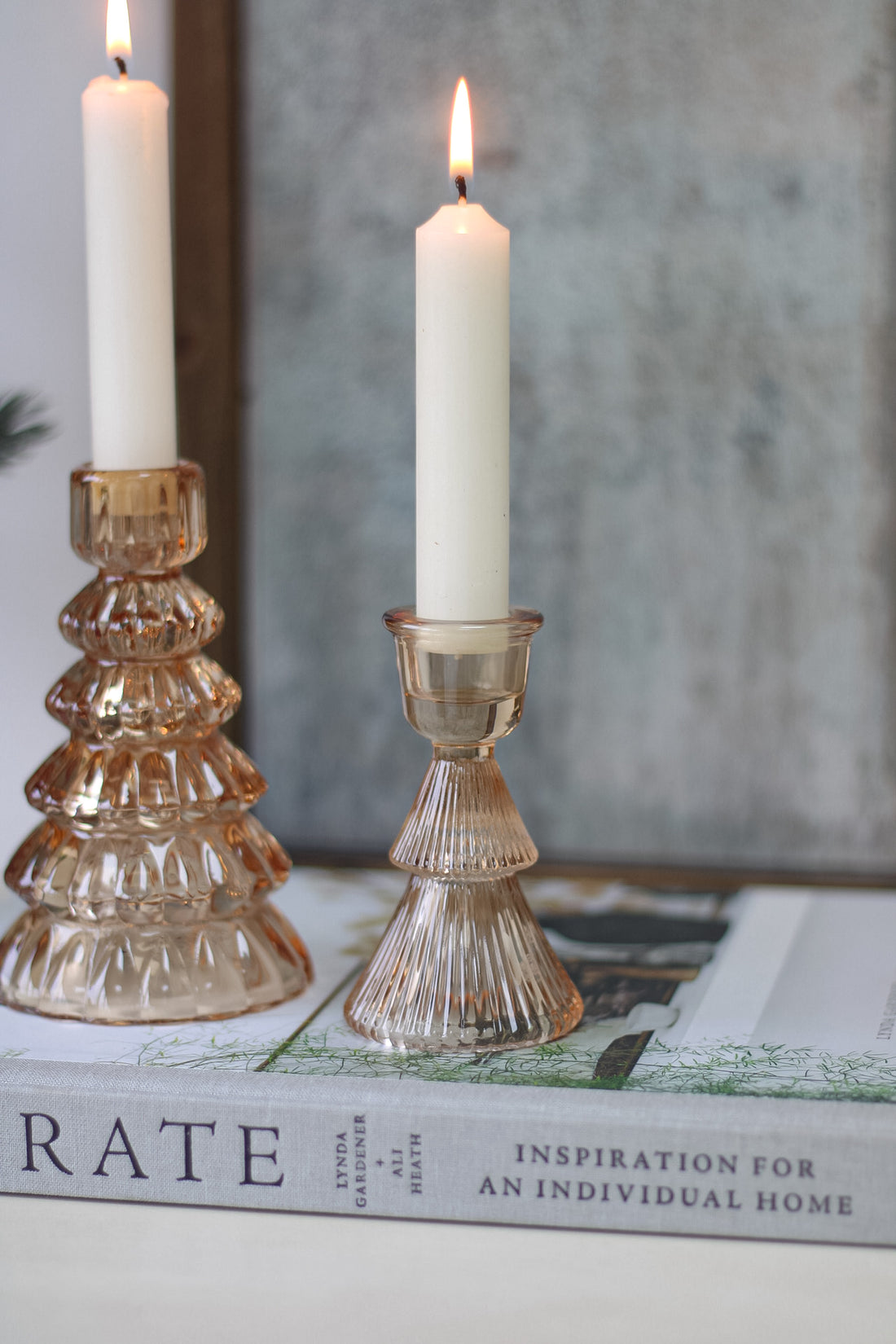 Antique Amber Glass Ribbed Christmas Tree Candle Sticks