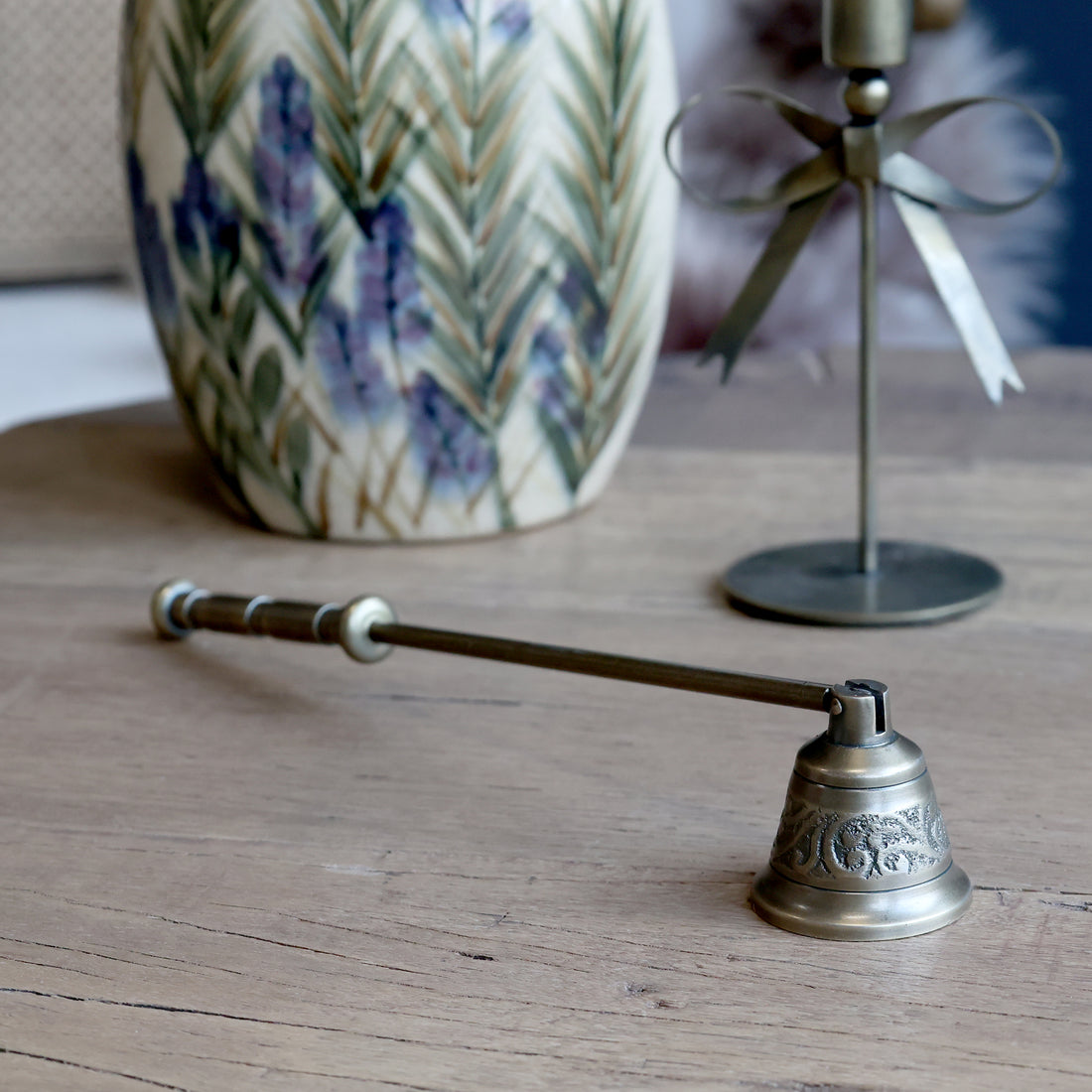 Antique Brass Etched Candle Snuffer for coffee table styling