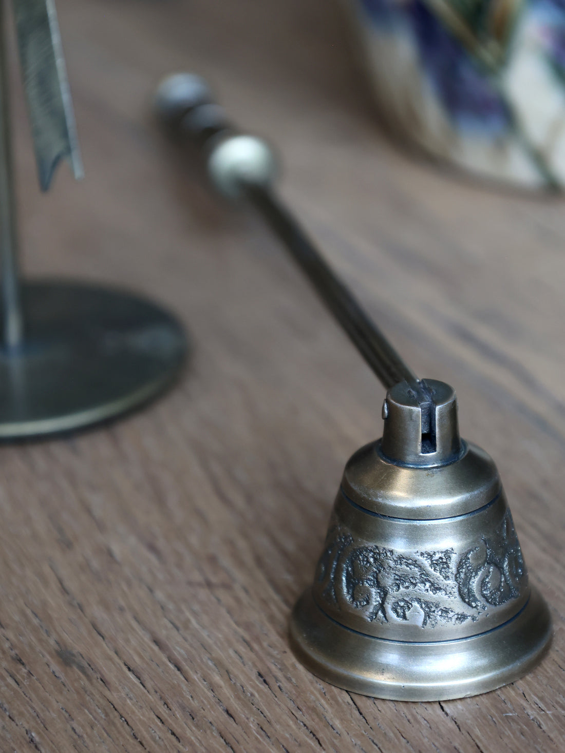 Antique Brass Etched Candle Snuffer for coffee table styling