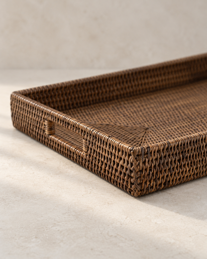 Antique Brown Rattan Ottoman Tray