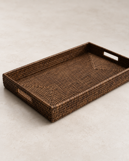 Antique Brown Rattan Ottoman Tray