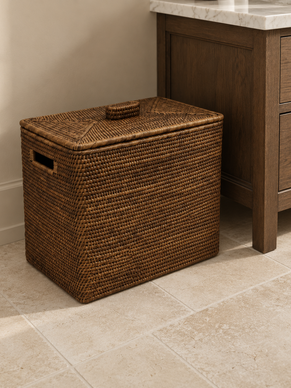 Antique Brown Rattan Rectangular Lidded Storage Basket