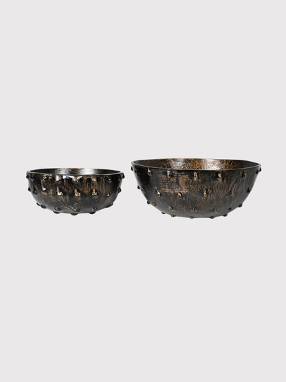 Two metallic bowls on a light gray background