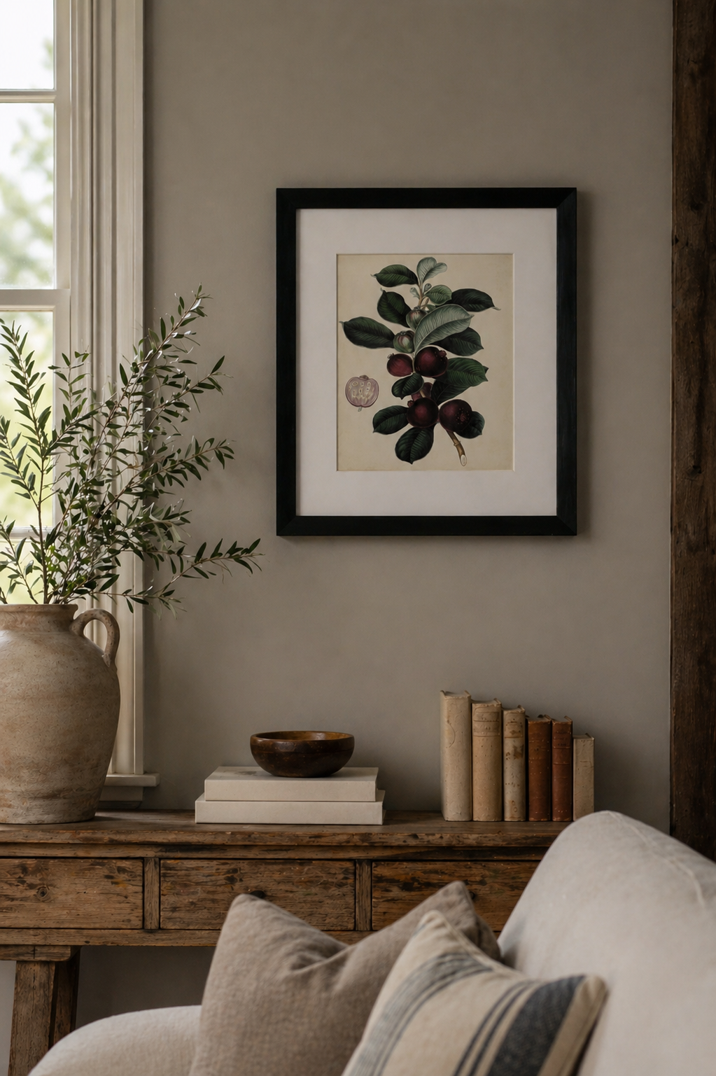 Antique Foliage and Fruit I Framed Wall Art in modern country style living room