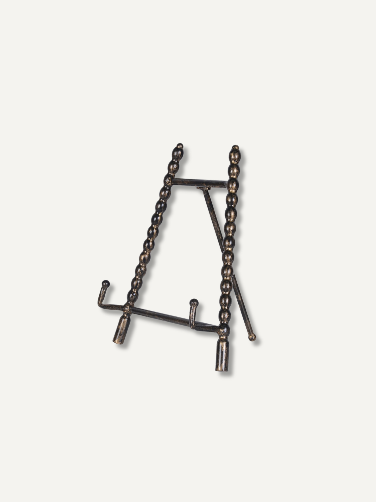 A dark bronze  beaded mini easel with a beaded chain design, shown on a plain off-white background.