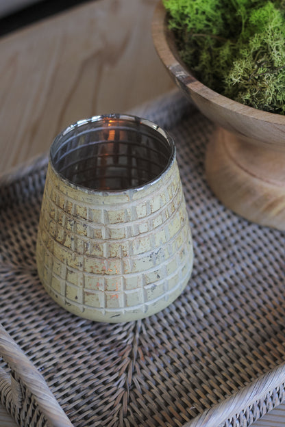elegant timeless glass candle holder with subtle antique gold finish. Beautiful classic home decor.
