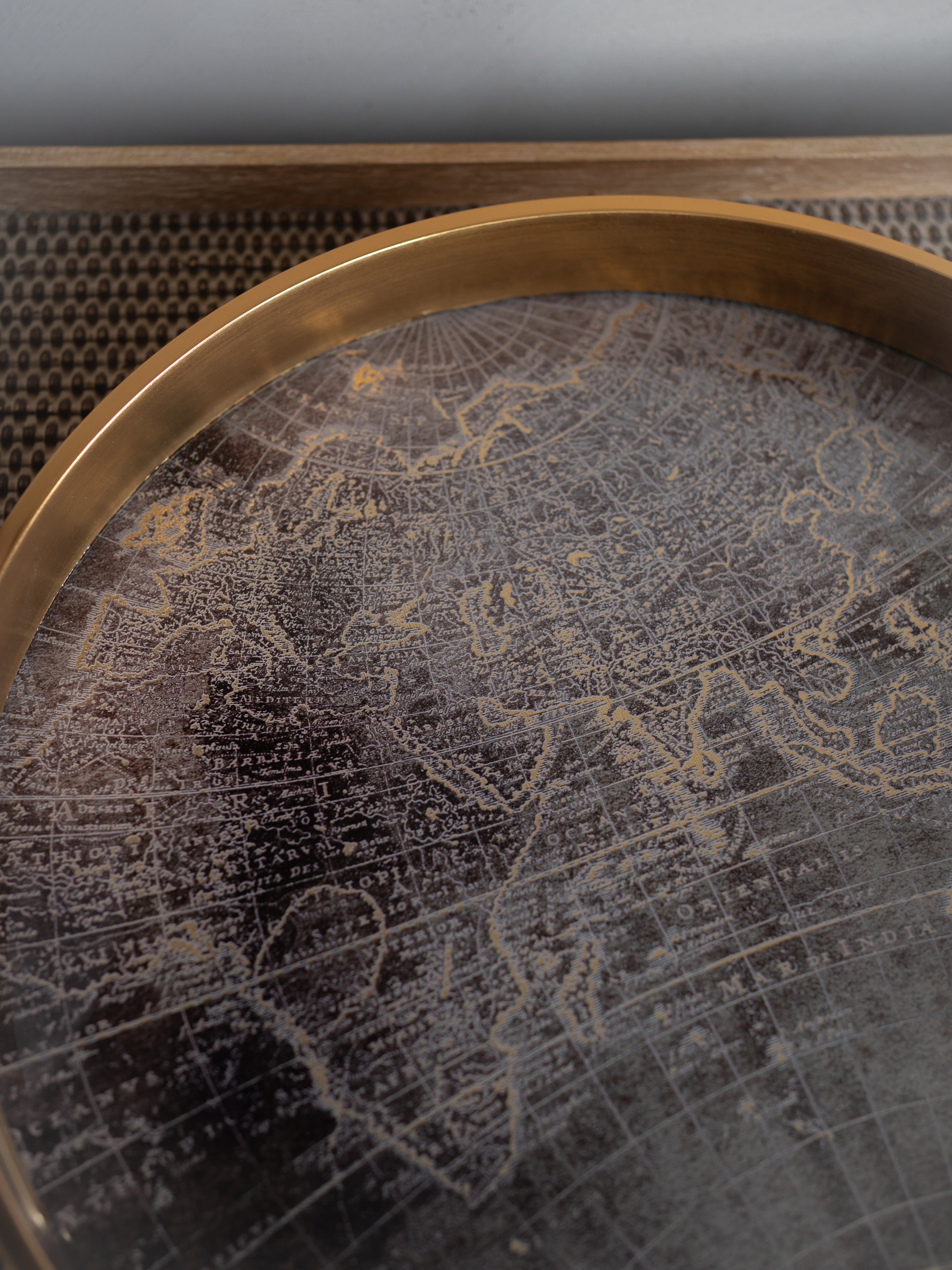 Antique Gold World Map Round Tray
