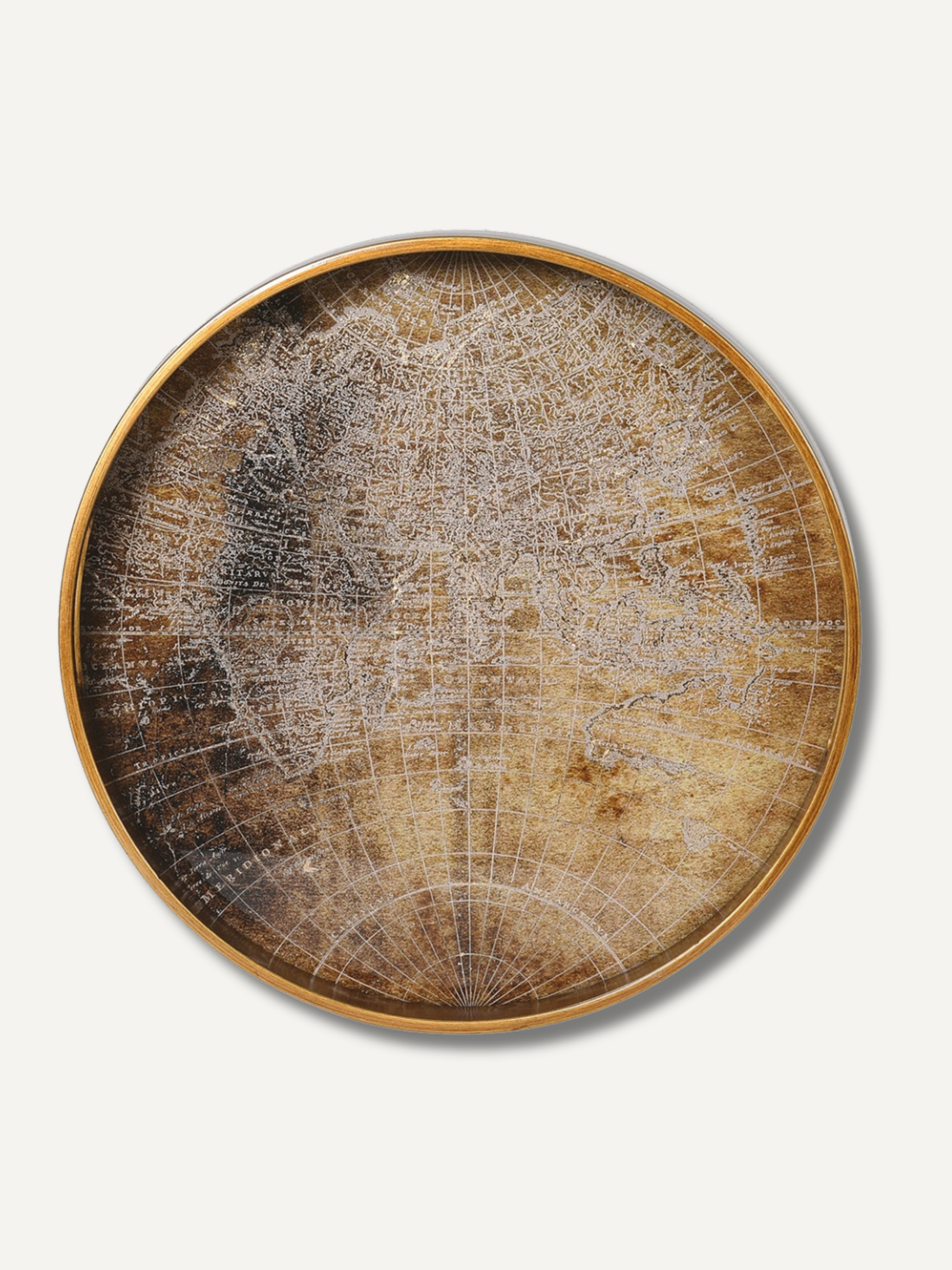 Round wooden tray with a detailed world map design on a white background