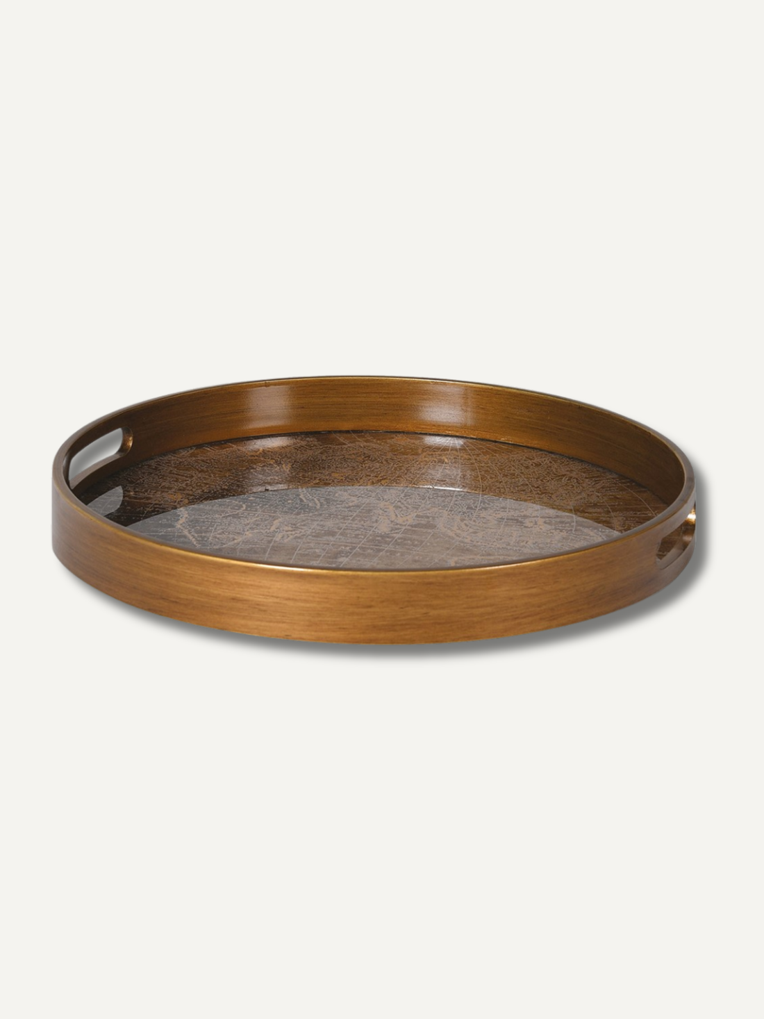 Round antique gold world map tray with metal interior on a white background