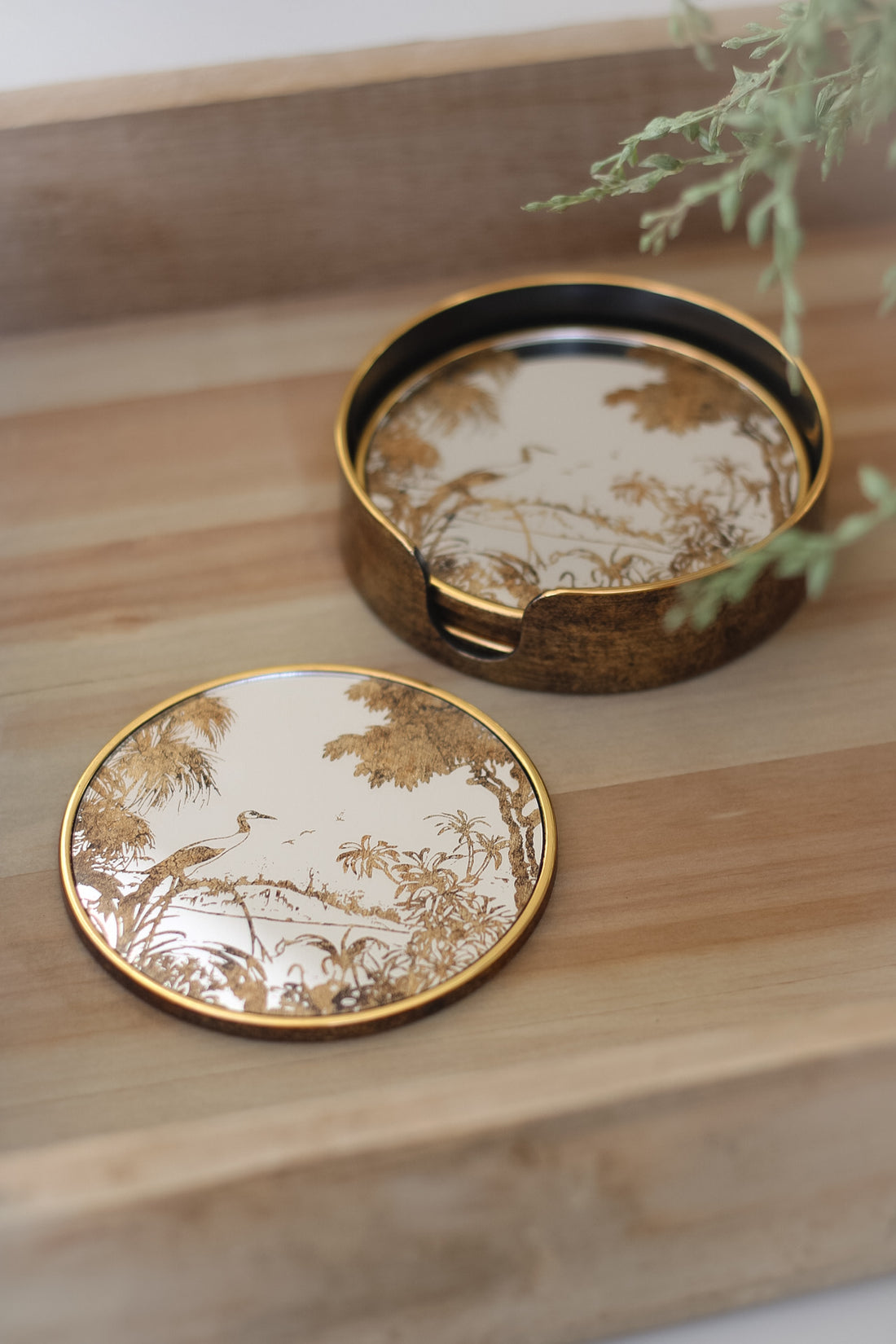 Antique Round Mirrored Grasses Gold Coasters for elegant coffee table decor