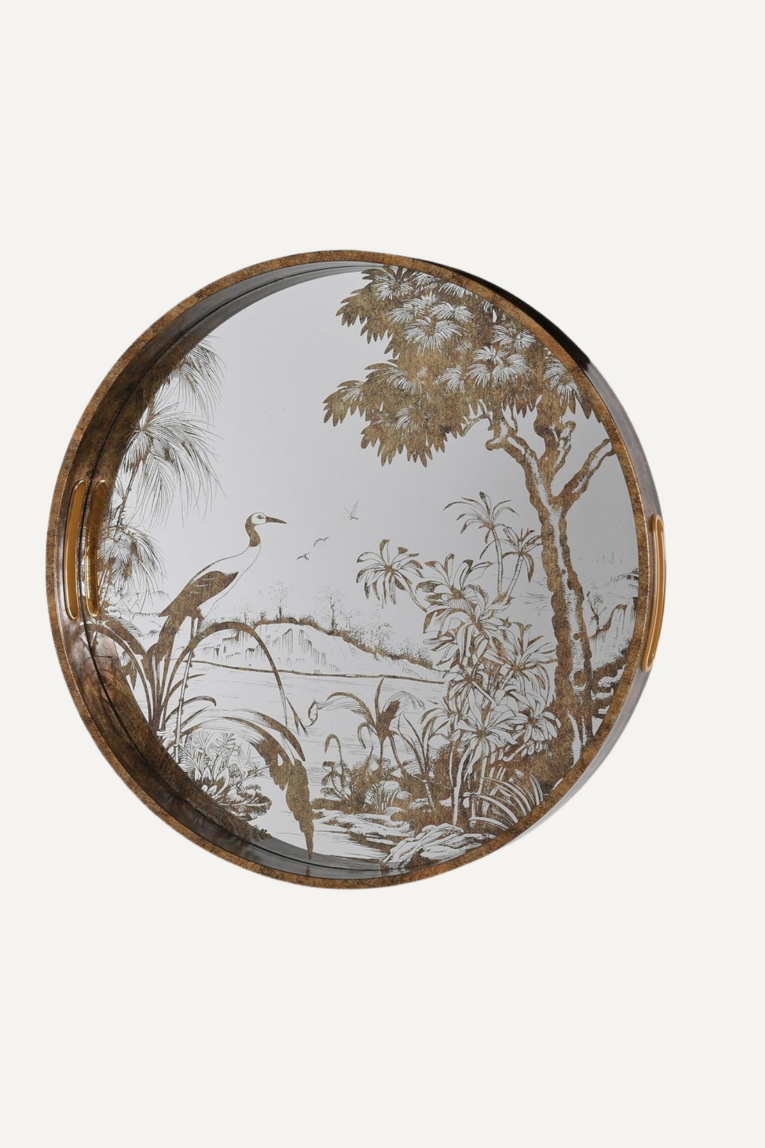 Antique Round Mirrored Grasses Gold Tray  001