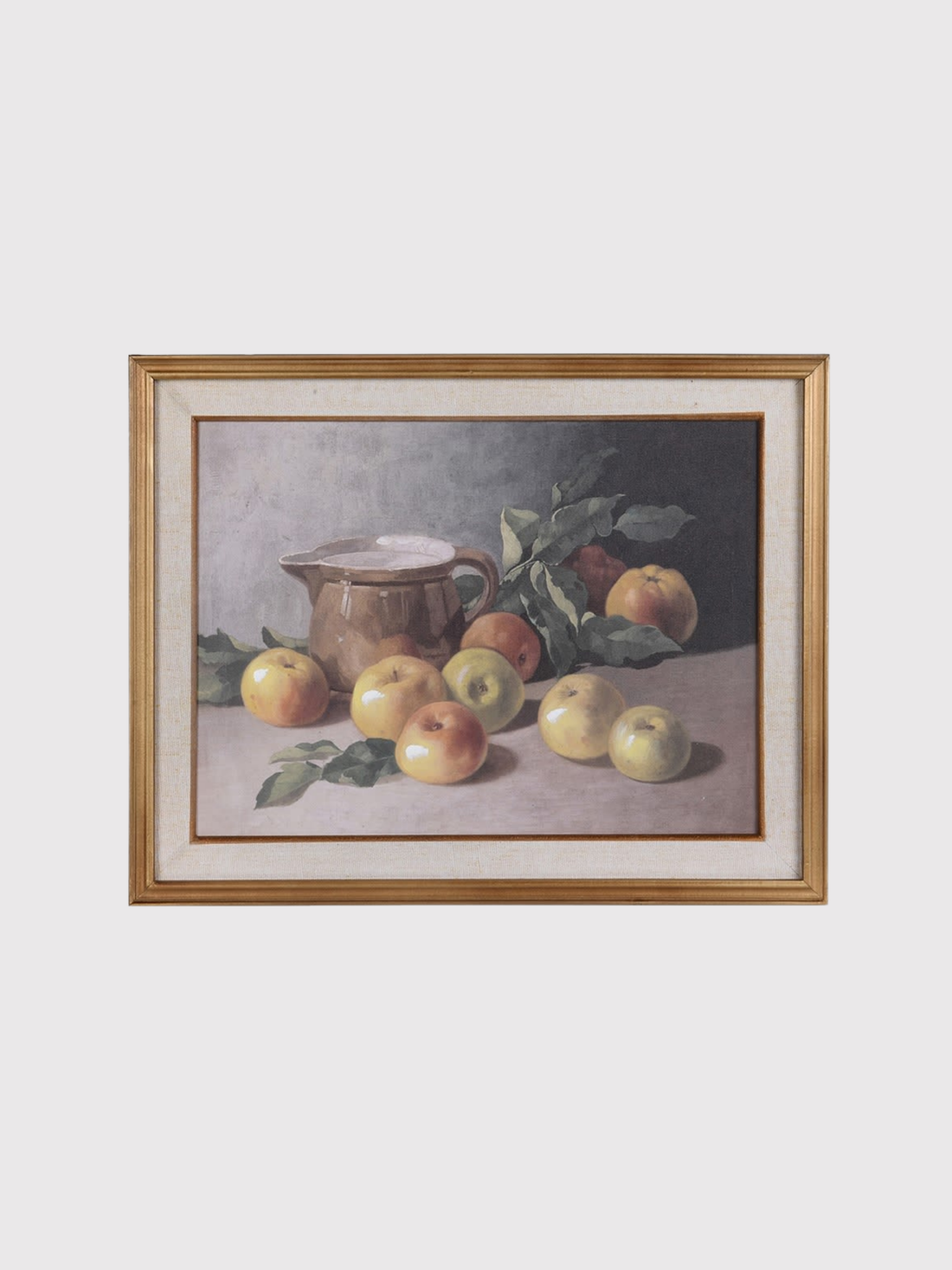 Framed still life painting with apples and a pot on a gray background