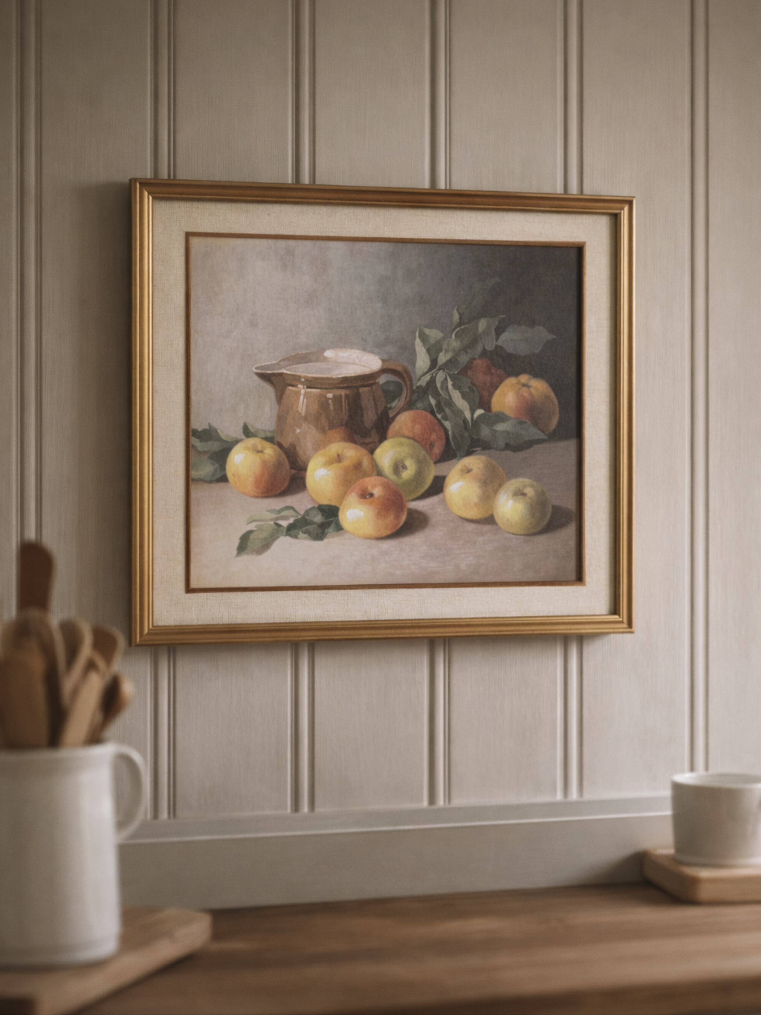 Framed still life painting of apples and a pitcher on a wall with wooden paneling.