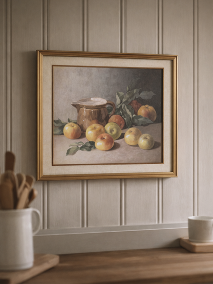 Framed still life painting of apples and a pitcher on a wall with wooden paneling.