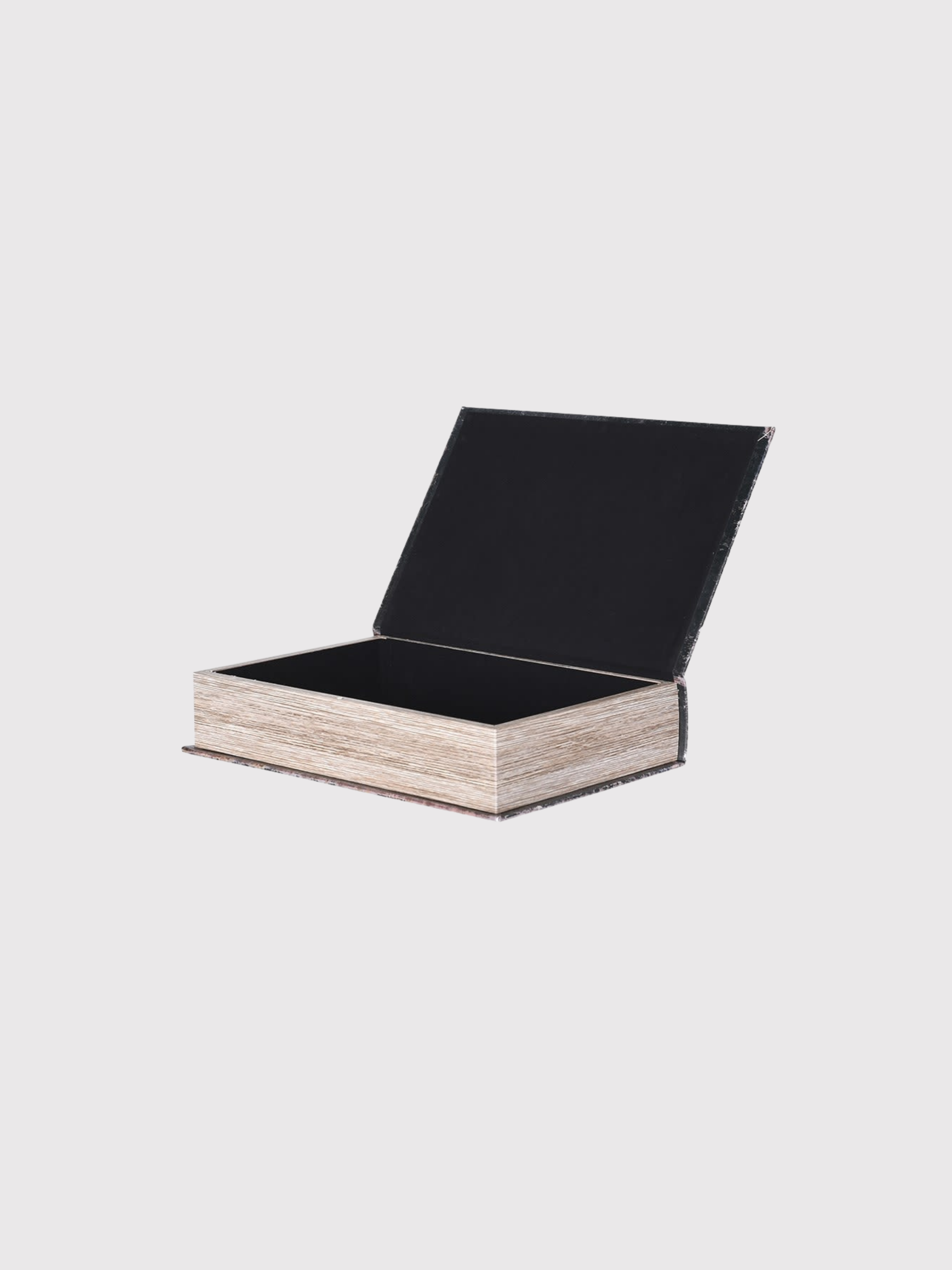 Storage book box with a black interior on a light gray background