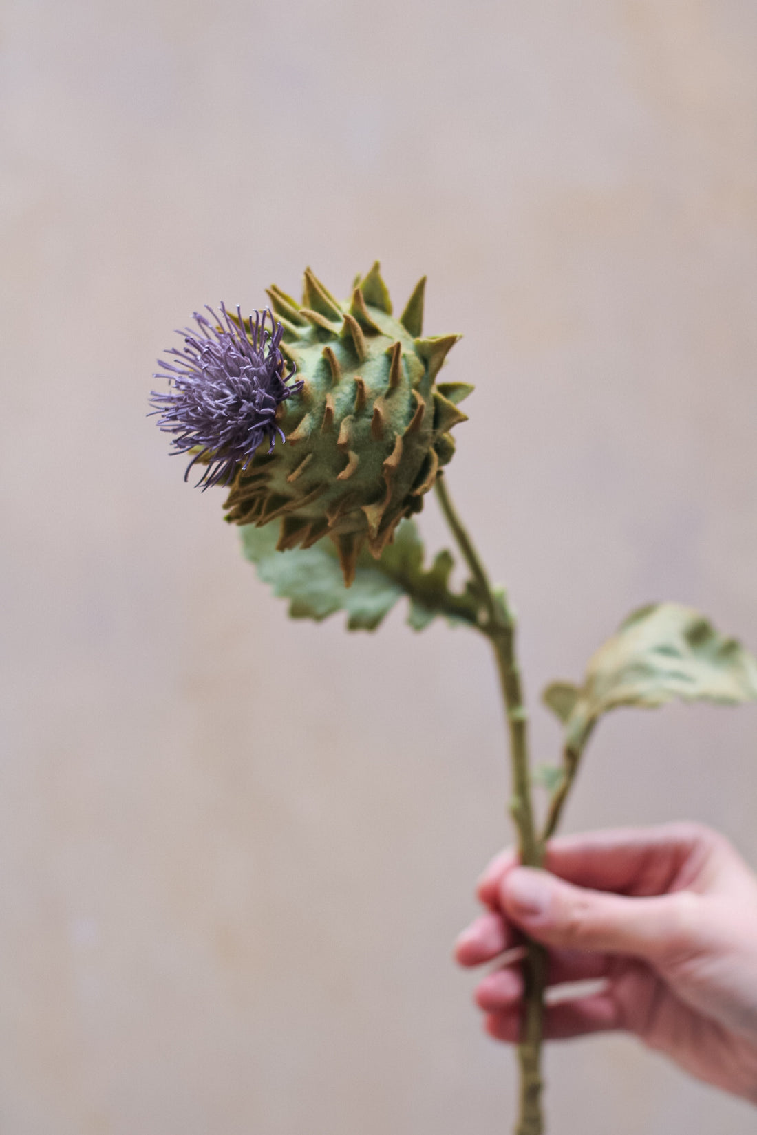 Faux Flocked Thistle Spray with Leaves