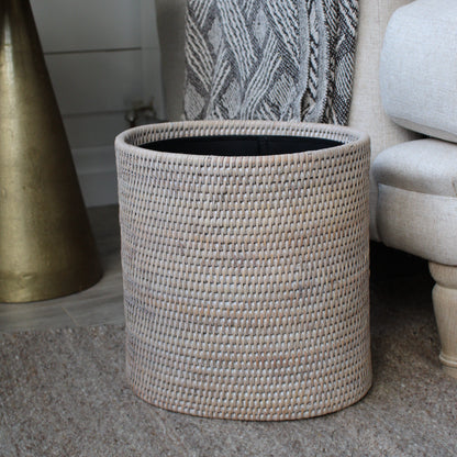 White Washed Natural Rattan Waste Basket