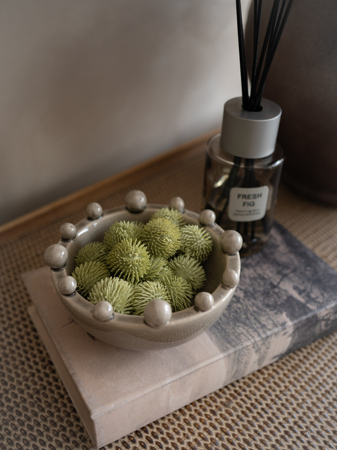 Small Grey Bobble Bowl, Fresh Fig Reed Diffuser and Faux Echinops Styling Bundle