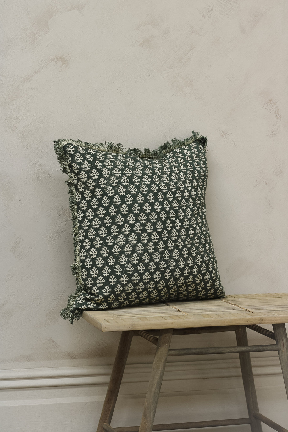 Hunter Green Block Print Fringed Cushion
