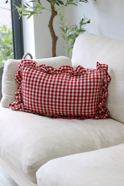 Red Gingham Ruffle Rectangular Cushion