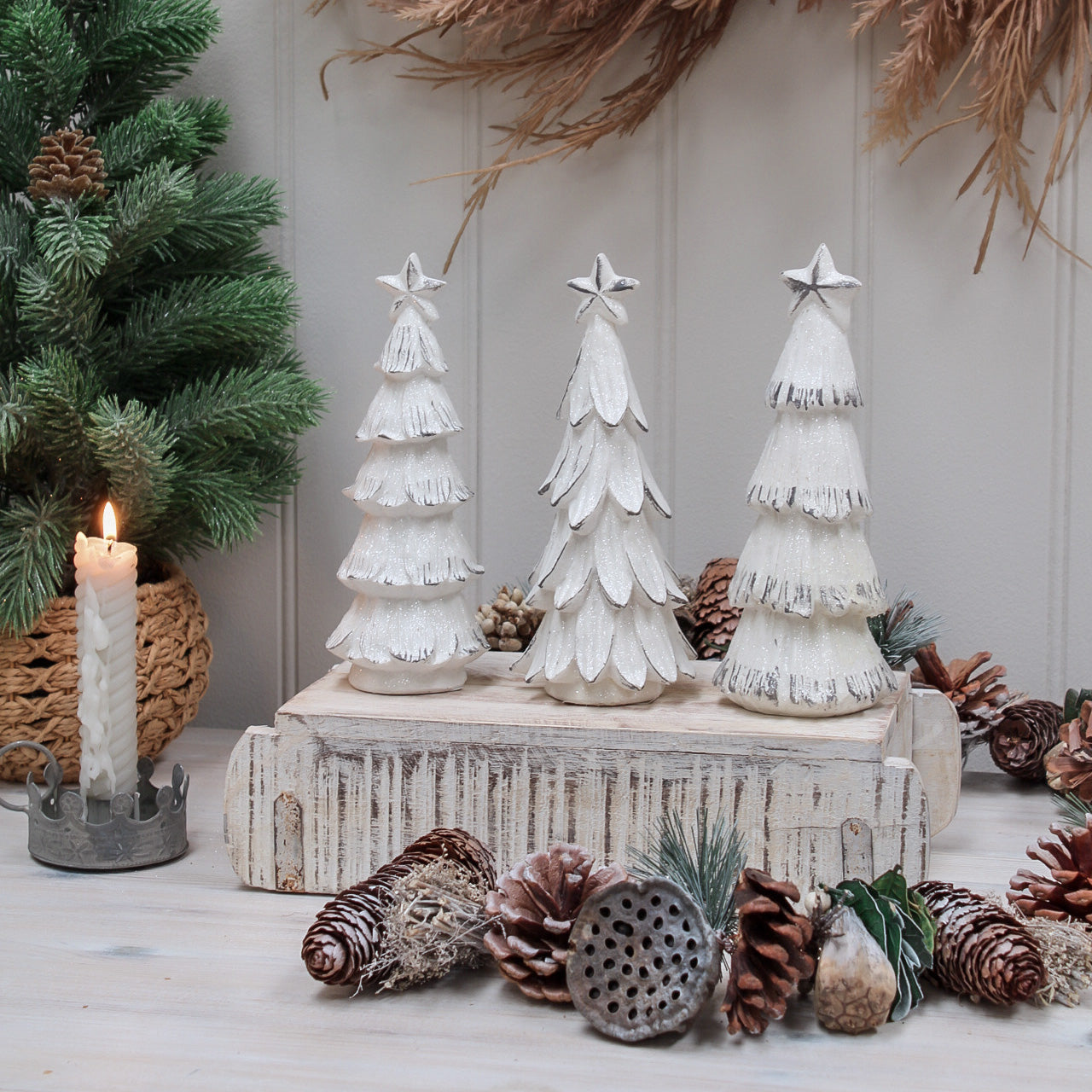 White Etched Christmas Trees | Set of 3