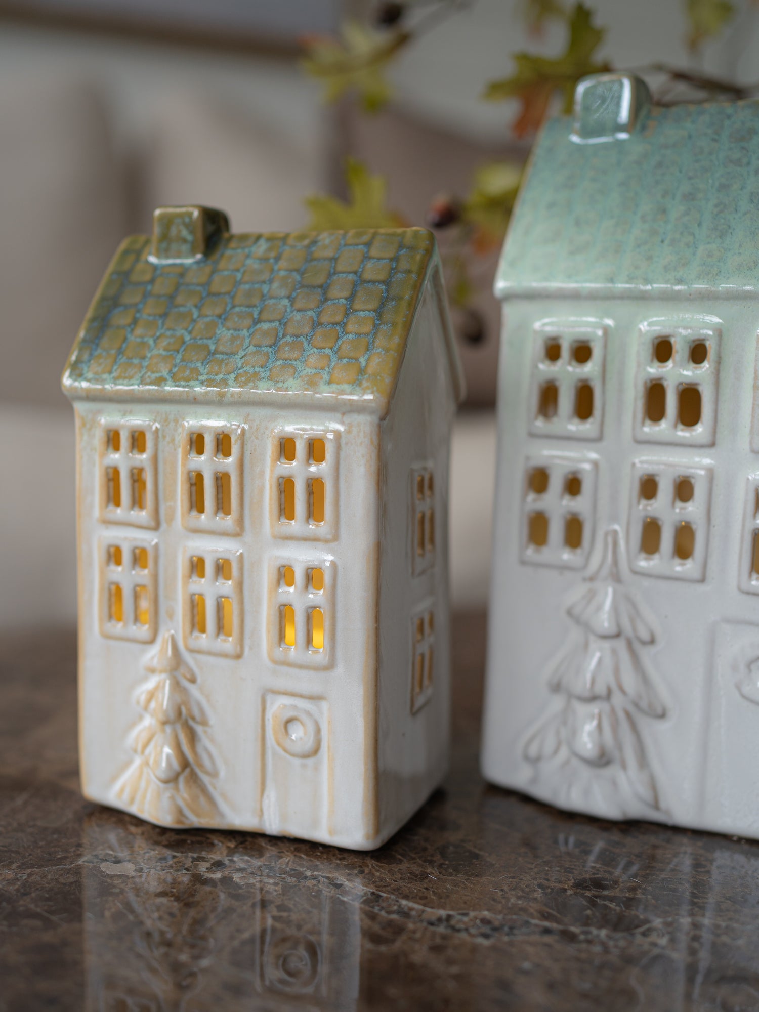 Pair of Porcelain LED Town Houses with Embossed Christmas Trees