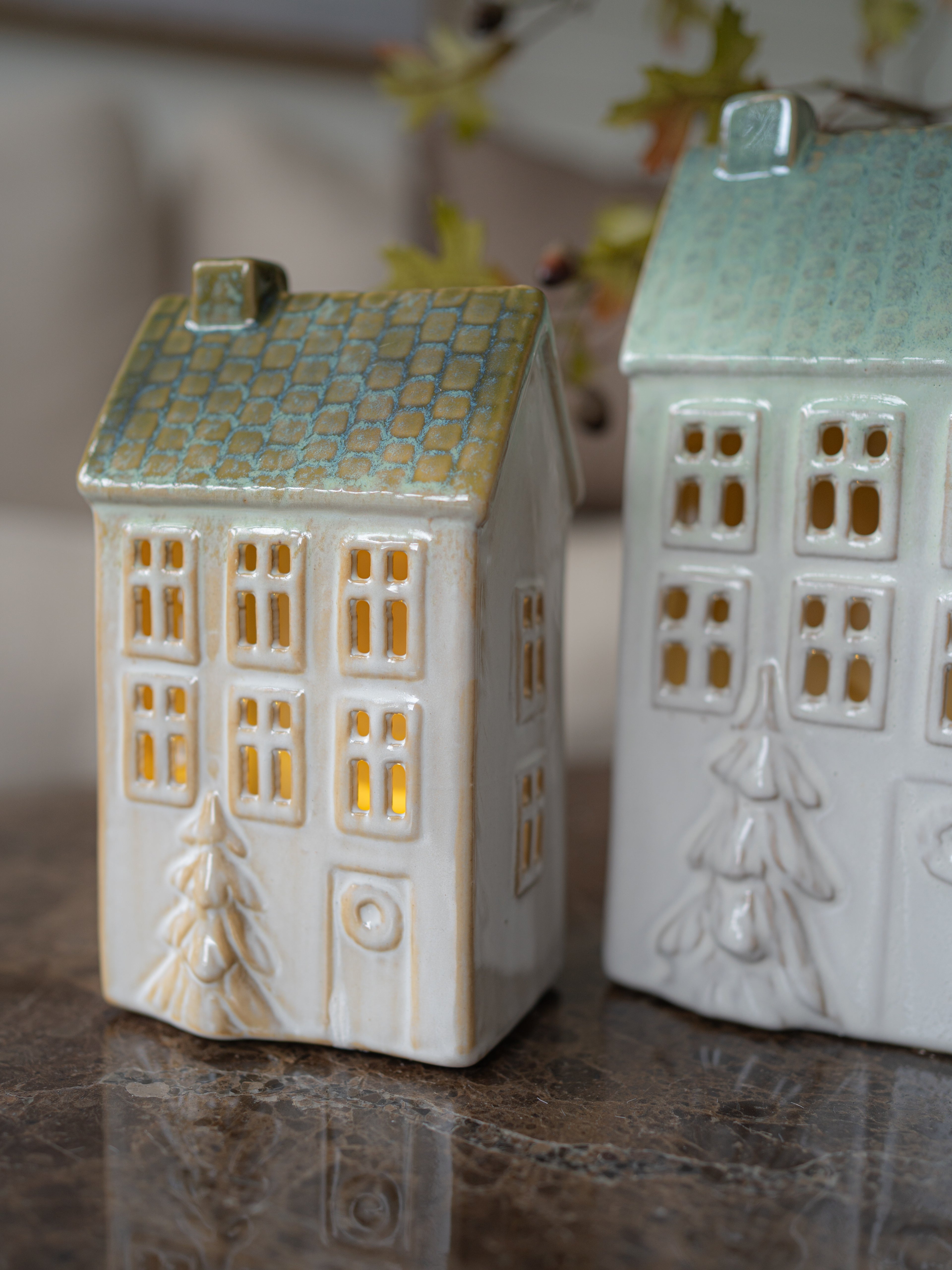 Pair of Porcelain LED Town Houses with Embossed Christmas Trees