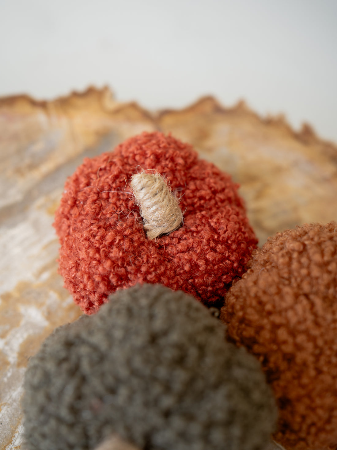 Three textured faux-teddy decorative pumpkins in rust red, dark gray, and terracotta brown arranged on a rustic wood slice against a light gray background.