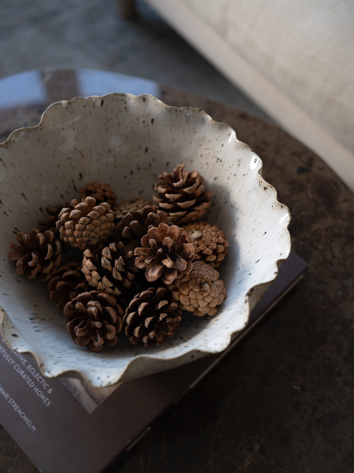 Rustic Pine Cones in speckled scalloped bowl on brown marble coffee table