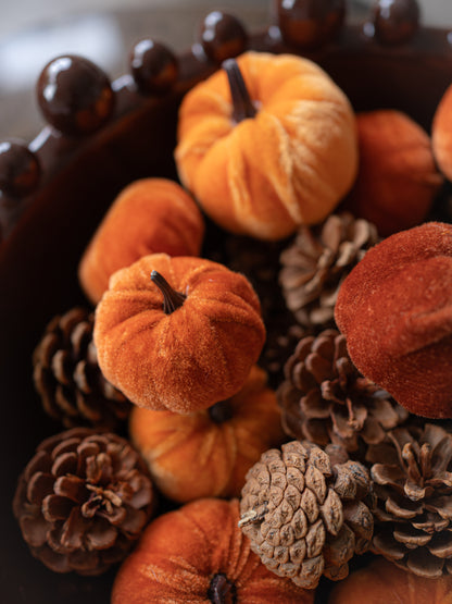 up close of orange velvet pumpkin and pine cones in a decorative bowl