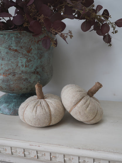 Two beige pumpkins on a white surface with a decorative urn and purple foliage in the background.