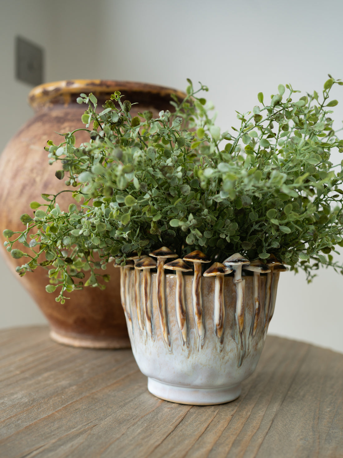 Faux gunnii eucalyptus bush in rustic ceramic beige glazed mushroom planter pots on a wooden surface