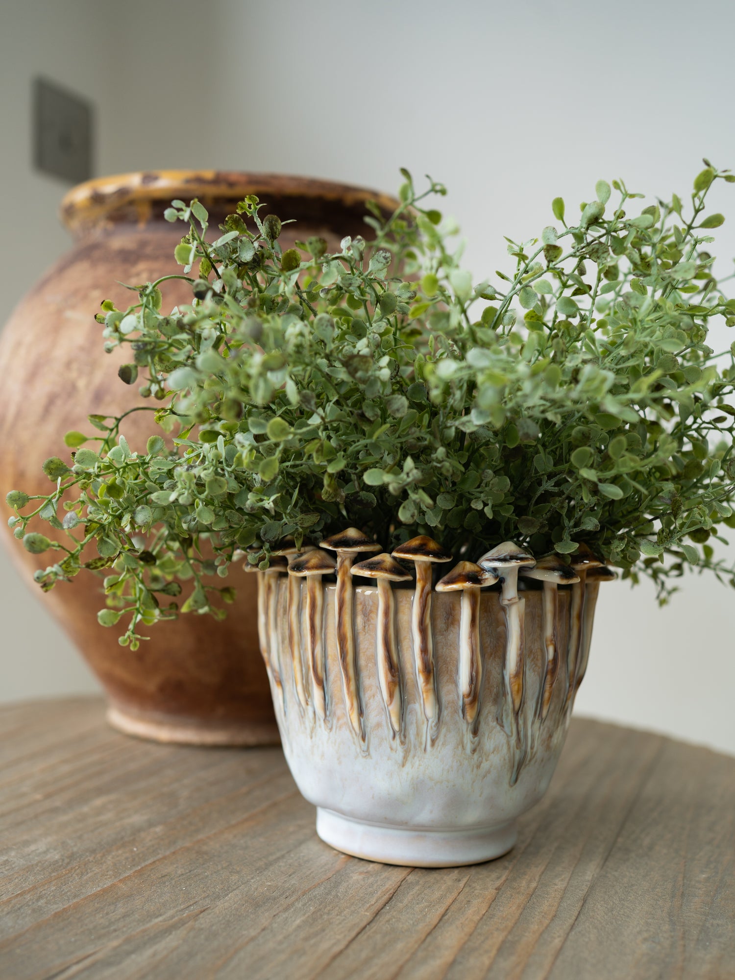 Faux gunnii eucalyptus bush in rustic ceramic beige glazed mushroom planter pots on a wooden surface