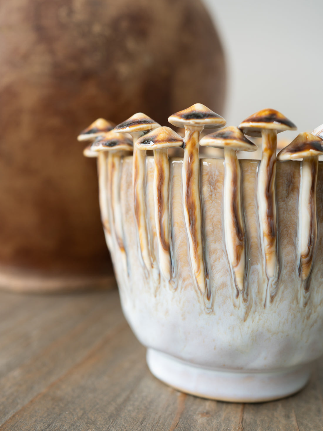 Ceramic planter with mushroom design on a wooden surface