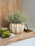 Decorative beige honeycomb effect plant pot with greenery on a wooden tray against a wooden wall.