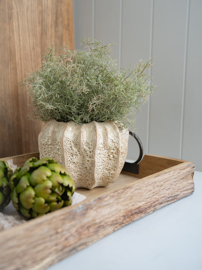 Decorative setting with a textured vase, green artichoke, and dried plants on a wooden tray.